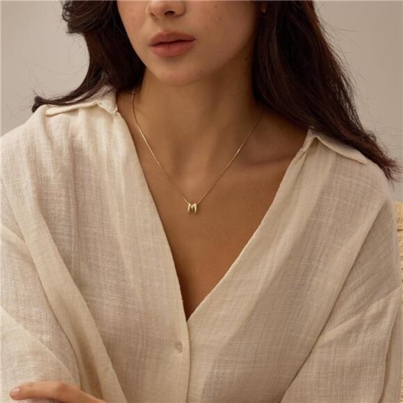 Bubble Letter M Necklaces for Women, 14K Gold Plated Letter M, Dainty Gold Trend - Picture 2 of 5